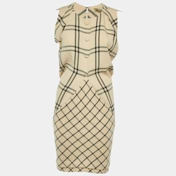 Pre Owned Balenciaga Beige Checked Wool Knee Length Dress M