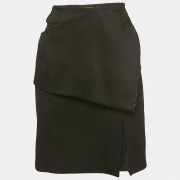 Pre Owned Balenciaga Black And Pink Gabardine Asymmetrical Overlap Pencil Skirt L 