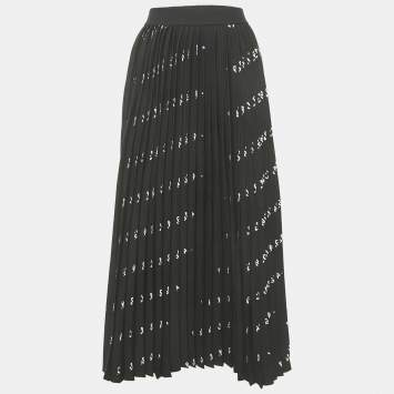 Pre Owned Balenciaga Black All-Over Logo Print Knit Pleated Midi Skirt M