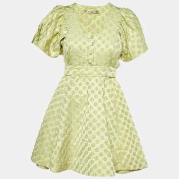Pre Owned Balenciaga Green Dotted Silk Jacquard Midi Dress M
