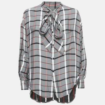 Pre Owned Balenciaga Grey Checkered Print Crepe Front Tie-Up Blouse S 