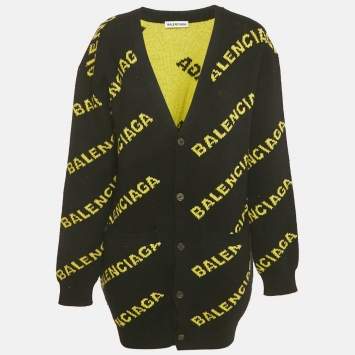Pre Owned Balenciaga Black Logo Intarsia Wool Knit Long Cardigan L