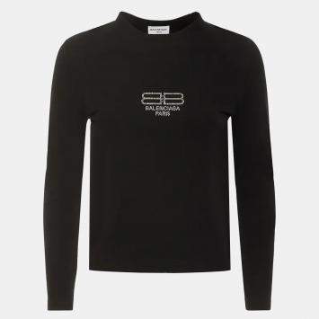 Pre Owned Balenciaga Unisex Black Logo Rhinestone Jersey Fitted T-Shirt M