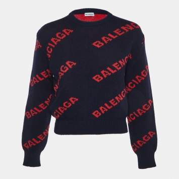Pre Owned Balenciaga Navy Blue Logo Intarsia Wool Crew Neck Sweater XS