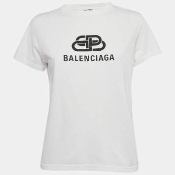 Pre Owned Balenciaga White BB Logo Print Cotton Crewneck-Shirt M