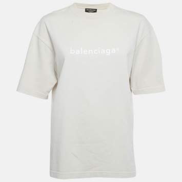 Pre Owned Balenciaga Beige Logo Print Cotton Crewneck T-Shirt XXS 