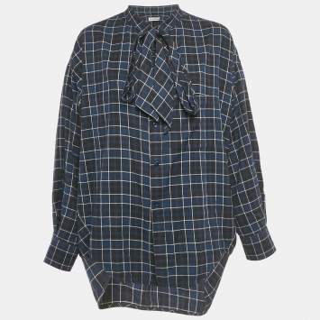Pre Owned Balenciaga Navy Blue Logo Print Flannel Cotton Oversized Shirt S