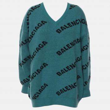 Pre Owned Balenciaga Logo Knitted Blue Sweater FR 36