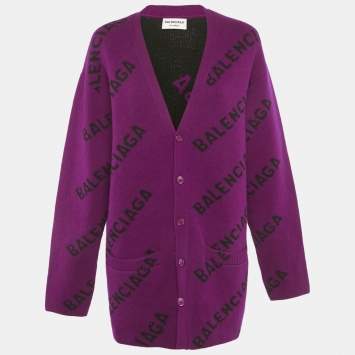 Pre Owned Balenciaga Wardrobe Purple Logo Intarsia Wool Oversized Cardigan XS