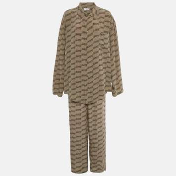 Pre Owned Balenciaga Homewear Brown Monogram Print Silk Minimal Pajama Set M