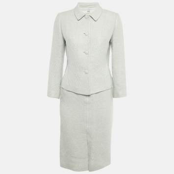 Pre Owned تنورة وبدلة بتنورة بأزرار قماش التويد باللون الأزرق من بالنسياغا مقاس متوسط (ميديم)