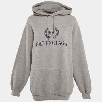 Pre Owned Balenciaga Grey Logo Print Cotton Hooded Sweatshirt XXS