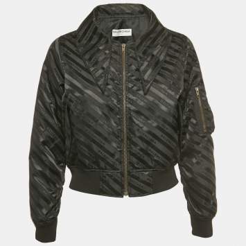 Pre Owned Balenciaga Black Logo All-Over Nylon Bomber Jacket M