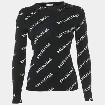 مملوكة مسبقًا Balenciaga Black Logo All-Over Print Rib Knit Pullover M
