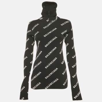 مملوكة مسبقًا Balenciaga Black Logo Print Rib Knit Turtleneck Sweater M