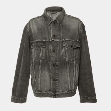 مملوكة مسبقًا Balenciaga Grey Denim Logo Embossed Button Front Jacket S