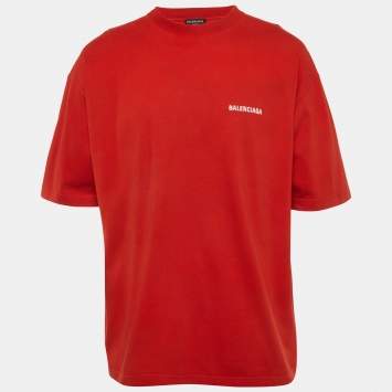 Pre Owned Balenciaga Unisex Red Logo Embroidered Jersey T-Shirt XL