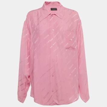Pre Owned Balenciaga Homeware Pink All-Over Logo Silk Oversized Shirt S