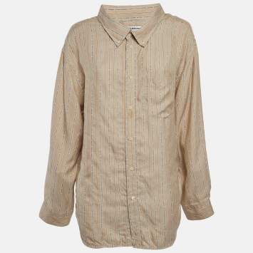Pre Owned Balenciaga Beige Logo Stripe Silk Oversized Shirt M