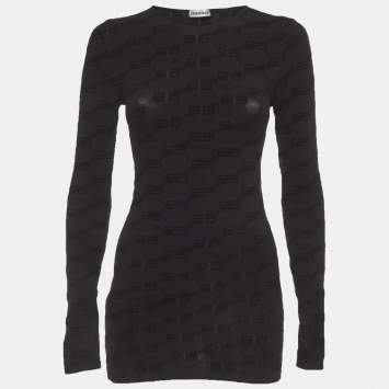 Pre Owned Balenciaga Black BB Flocked Jersey Fitted Top L