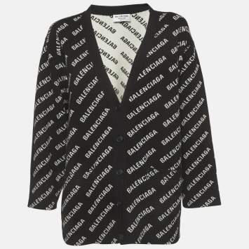 Pre Owned Balenciaga Unisex Black/White Logo All Over Cotton Knit Cardigan L