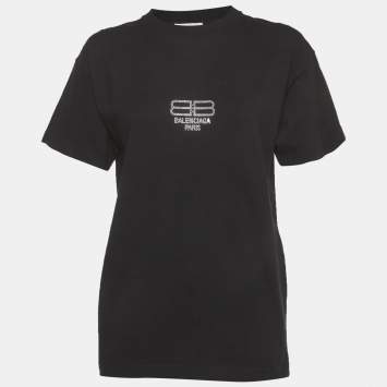 Pre Owned قميص بالنسياجا جيرسي مزين بحجر الراين أسود مقاس صغير جداً