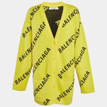 Pre Owned Balenciaga Yellow Logo All Over Knit Cardigan M