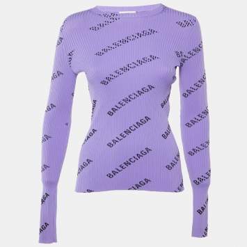 Pre Owned Balenciaga Purple All Over Logo Rib Knit Long Sleeve Jumper XS