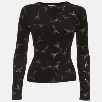 مملوكة مسبقًا Balenciaga Black Eiffel Tower Rhinestone Velvet Sweater XS