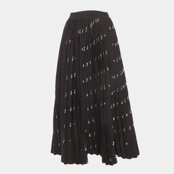 Pre Owned Balenciaga Black Logo Print Knit Pleated Midi Skirt XS