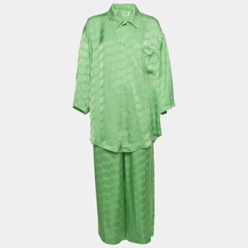 مملوكة مسبقًا Balenciaga Homewear Green BB Monogram Satin Shirt and Pants Set S