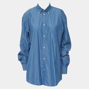 Pre Owned Balenciaga Blue/White Cotton Striped Oversized Shirt