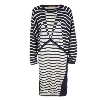 Pre Owned Balenciaga Navy Blue and Cream Striped Silk Cashmere Sweater Dress M