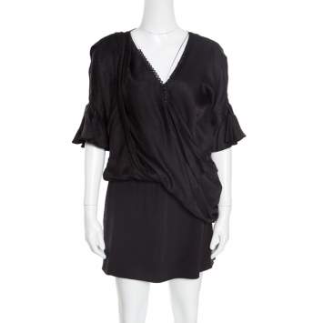 Pre Owned Balenciaga Black Silk Animal Scale Pattern Side Draped Dress L