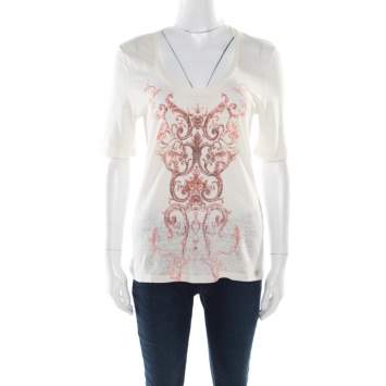 Pre Owned Balenciaga T'S Cream Linen Baroque Motif Printed Short Sleeve T-Shirt