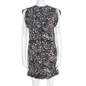 Pre Owned Balenciaga Monochrome Scribbled Noise Print Drop Waist Belted Dress S