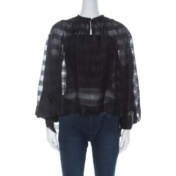 Pre Owned Balenciaga Black Striped Chiffon High-Low Three Quarter Sleeve Blouse S