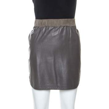 Pre Owned Balenciaga Brown Lamb Leather Elasticized Waist Mini Skirt L