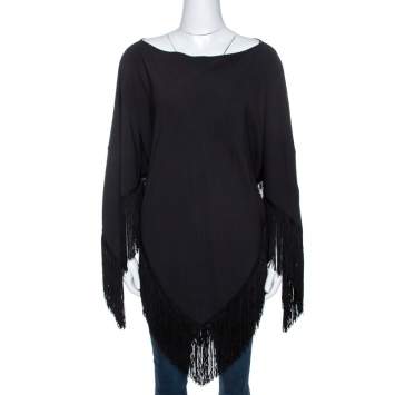 Pre Owned Balenciaga Black Crepe Fringed Poncho L