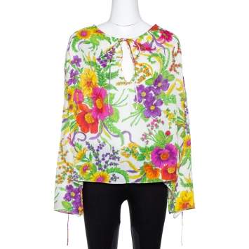 Pre Owned Balenciaga White Floral Print Lurex Silk Slide Blouse L