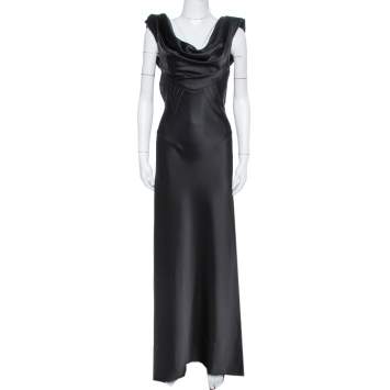 Pre Owned Balenciaga Paris Black Satin Draped Neck Detail Evening Gown M