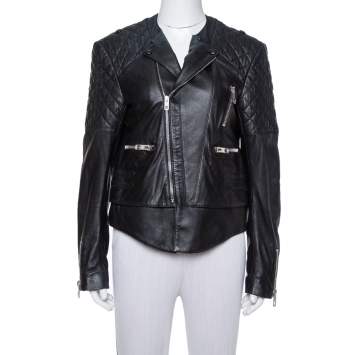 Pre Owned Balenciaga Black Leather Quilted Detail Biker Jacket L
