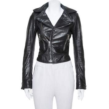 Pre Owned Balenciaga Black Leather Zipper Front Biker Jacket S