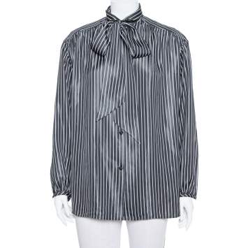Pre Owned Balenciaga  Black Striped Satin Neck Tie Detail Oversized Shirt S
