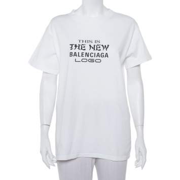 Pre Owned Balenciaga White Cotton New Logo Printed Crewneck T-Shirt M