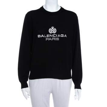 Pre Owned Balenciaga Black Logo Embroidered Wool Sweatshirt M