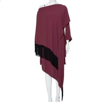 Pre Owned Balenciaga Burgundy Crepe Fringed Cape Detail Asymmetric Hem Midi Dress L