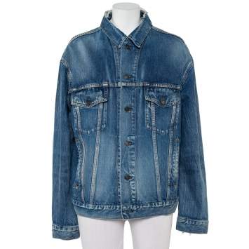 Pre Owned Balenciaga Blue Denim Distressed Collar Detail Oversized Jacket S