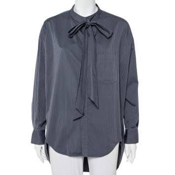 Pre Owned Balenciaga Charcoal Grey Striped Cotton Neck Tie Detail Oversized Shirt S