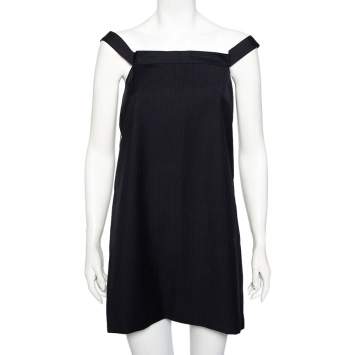 Pre Owned Balenciaga Navy Blue Striped Wool Off Shoulder Shift Dress M